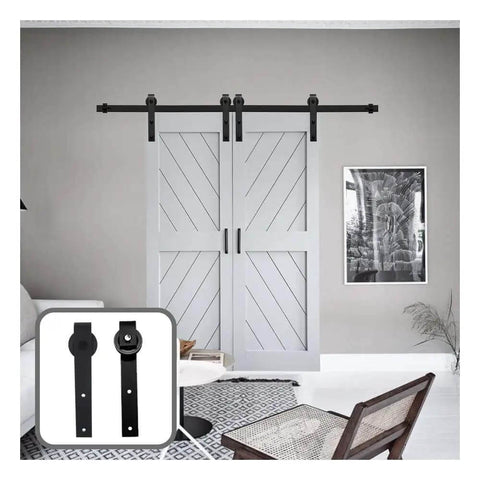 Heavy Duty Barn Door Hardware Kit For Double Closet Doors 4 To 9.6 Feet Steel Track System With J Shaped Hangers Black Finish