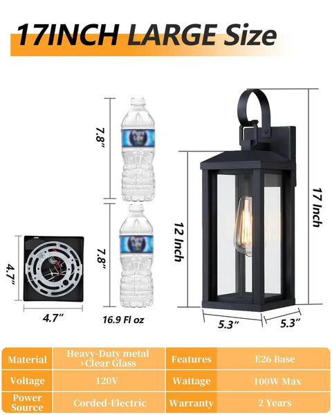 Top Shelves Two Pack Of 17 Inch Exterior Wall Sconces For House Facades with matte black finish and clear glass, 17 inch size.