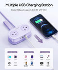 Travel Ready Cruise Approved Power Strip With Four Foot Extension Cord, purple multiple USB charging station with two AC outlets and USB ports.