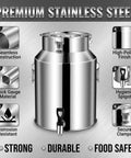 Heavy Duty 1.3 Gallon To 26.4 Gallon Stainless Steel Milk Can With Black Spigot For Fresh Liquid Storage And Dispensing Without Dents Or Deformation, highlighting construction details.