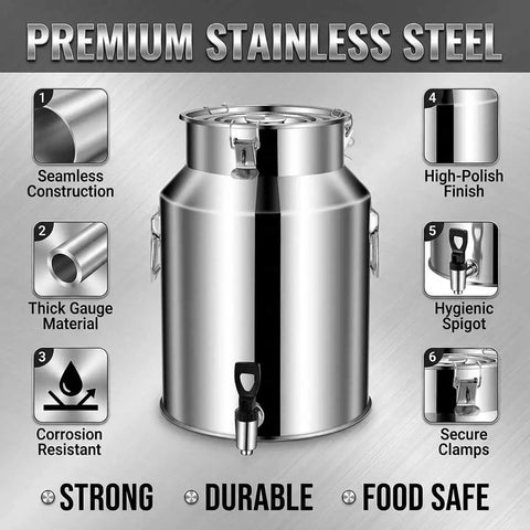 Heavy Duty 1.3 Gallon To 26.4 Gallon Stainless Steel Milk Can With Black Spigot For Fresh Liquid Storage And Dispensing Without Dents Or Deformation, highlighting construction details.