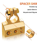 Close-up view of copper and zinc alloy Beefed-Up Heavy Duty Battery Terminal Connectors with clear cover and spacer shim.