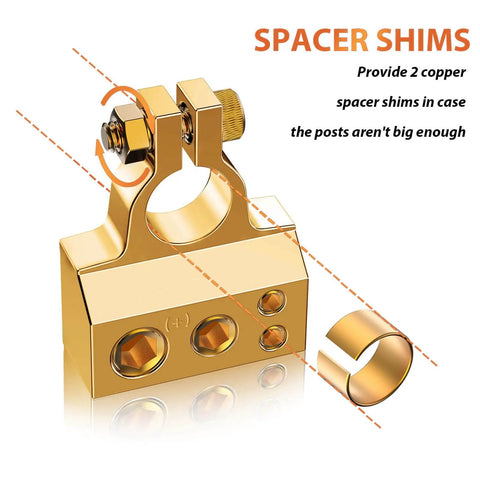 Close-up view of copper and zinc alloy Beefed-Up Heavy Duty Battery Terminal Connectors with clear cover and spacer shim.