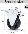 Heavy Duty 1.5 Inch Rubber Caster Wheels 4 Pack Fixed Rigid Non Swivel Casters For Furniture Rolls Like Butter Black, showing dimensions and sturdy top plate.