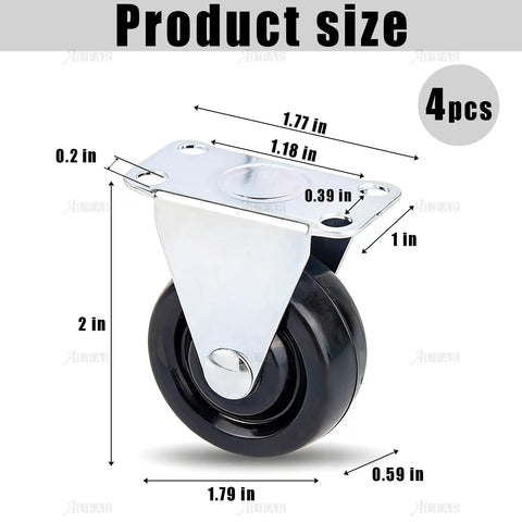 Heavy Duty 1.5 Inch Rubber Caster Wheels 4 Pack Fixed Rigid Non Swivel Casters For Furniture Rolls Like Butter Black, showing dimensions and sturdy top plate.