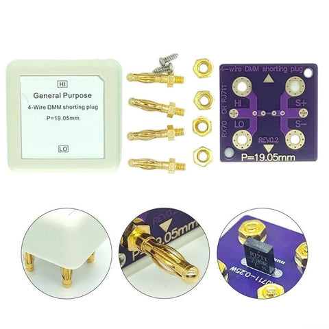 4 Wire Short Socket For DMM Calibration, gold plated banana connectors, PCB assembly, resistance verification tool, close-up view.