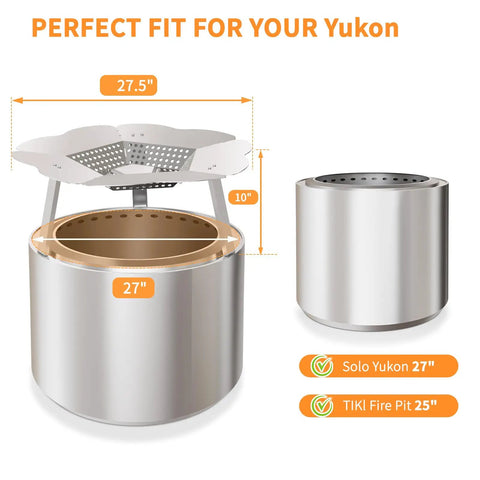 Heat Deflector For Yukon 27 Inch Stove Premium 304 Stainless Steel Heat Diffuser with handle on stove, next to TIKI Fire Pit