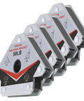 Angled front view of four Arrow 50 lb welding magnets in a row, 4-pack metal holding magnets