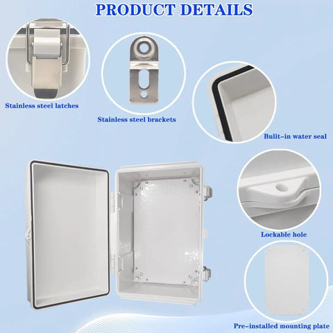 102 Piece Outdoor Waterproof Electrical Box Junction Weatherproof IP67 ABS Plastic Enclosure With Mounting Plate And Wall Bracket In Grey, 11.8 By 7.9 By 6.7 Inches, The Go To Project Box For Router, Switches, And Electronics., open enclosure with stainless steel latches, seal, and mounting plate