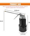 Front view of LHDOS 8 oz pump oil oiler can with silver lever and 6.62in metal straight spout; black metal body.