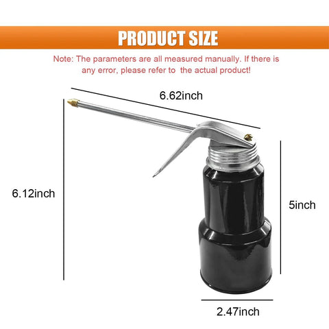 Front view of LHDOS 8 oz pump oil oiler can with silver lever and 6.62in metal straight spout; black metal body.