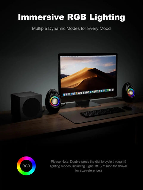 2.1 Computer Speakers With Subwoofer For PC Desk Setup, Crisp Bass, 80W Peak Power, Bluetooth 5.4, RGB Lighting on desk setup