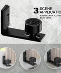 Adjustable Floor Guide For Sliding Barn Doors Black, Wall And Door Bottom Roller Guard shown in three installation views