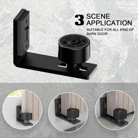 Adjustable Floor Guide For Sliding Barn Doors Black, Wall And Door Bottom Roller Guard shown in three installation views