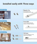 Three Pack 12 Inch Linkable Under Cabinet LED Light Strips installation methods with clips, screws, and 3M stickers.