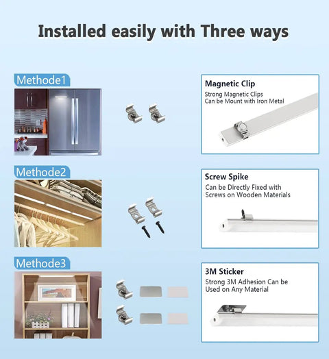 Three Pack 12 Inch Linkable Under Cabinet LED Light Strips installation methods with clips, screws, and 3M stickers.