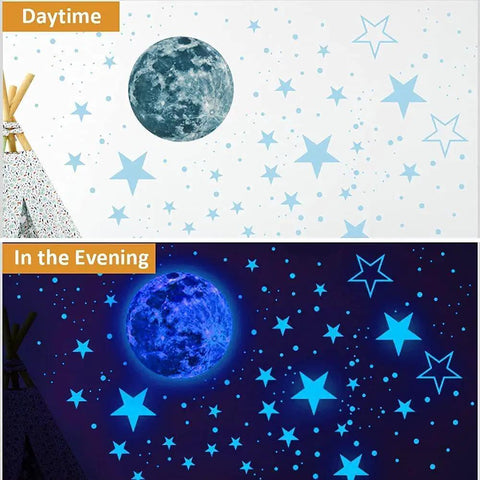 Glow In The Dark Star And Moon Stickers Kit With 1120 Pieces For Ceiling Decor showing daytime and glowing night view.