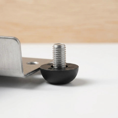 Close-up of a Heavy Duty M8 Adjustable Furniture Leveling Foot with screw-in leg next to a metal bracket