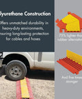 Truck driving over 4 Channel Industrial Drive Over Cable Protector For One And A Quarter Inch Lines Heavy Duty Cable Ramp With 40K Axle Load Capacity Hose And Cable Protection For Tough Equipment Made In USA Yellow Orange