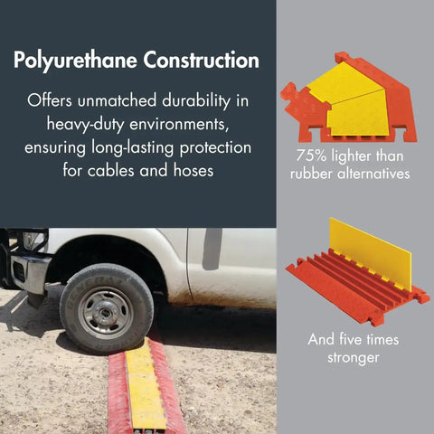 Truck driving over 4 Channel Industrial Drive Over Cable Protector For One And A Quarter Inch Lines Heavy Duty Cable Ramp With 40K Axle Load Capacity Hose And Cable Protection For Tough Equipment Made In USA Yellow Orange
