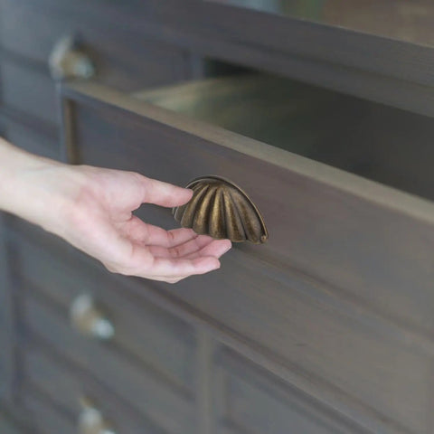 Close-up of hand using Four Pack Bronze Semicircle Cabinet Pulls Featuring Heavy Duty Zinc Alloy Build And Hella Tough Grip For Kitchen Drawers.