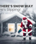 Santa using Handheld Snow Salt Ice Melt Spreader With Toggle Cap Sieve Options for small large openings on snowy sidewalk