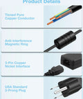 Product details of Beefy 5V 10A 50W LED Power Supply Adapter showing tinned copper conductor, magnetic ring, copper interface, 3-prong plug.