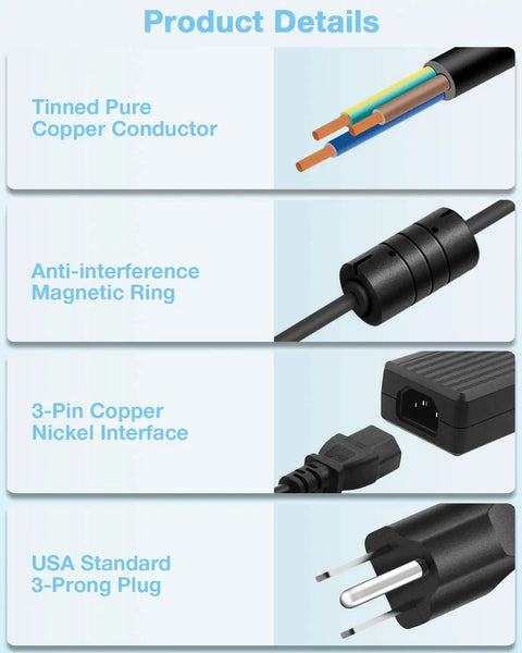 Product details of Beefy 5V 10A 50W LED Power Supply Adapter showing tinned copper conductor, magnetic ring, copper interface, 3-prong plug.
