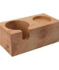 Sweet Beech Wood Coffee Tamper Stand With Clever Side Nook Securely Stores 51 To 58 Mm Tools, solid wood with two openings.