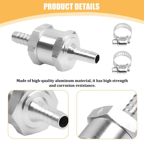 Close-up of Two Piece One Way Check Valve With Mounting Clamps Rock Solid Aluminum Alloy Flow Regulator for gas and oil lines.