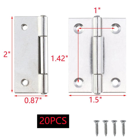 Twenty Pack Heavy Duty Stainless Steel Folding Butt Hinges 2 Inch shown with measurements and screws for cabinets and wood projects.