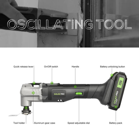 Badass 20V Cordless Oscillating Multi Tool With 15 Piece Accessory Kit And Rapid Charge Lithium Battery For Demolition And Precision Detail Work A True Job Site Beast To Buy Today showing adjustable speed dial and battery pack.