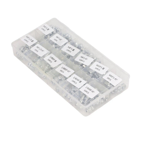 130 Piece Hydraulic Grease Fitting Kit With 12 SAE Zerk Nipples Galvanized Brass Labeled Storage Case Heavy Duty Industrial Maintenance Set