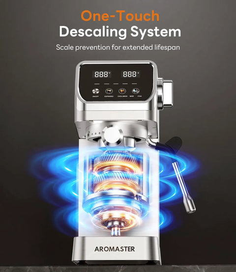 Next Level 1400W Espresso Machine With Auto Milk Frother And Sleek Stainless Steel Finish featuring One-Touch Descaling System.