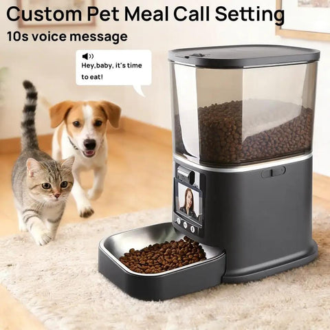 Automatic Cat Feeder With HD Camera And Two Way Video Chat Powered By 5G WiFi For Live Pet Monitoring Plus 5 Liter Food Storage with dog and cat.