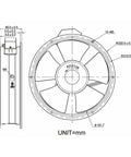 Beefy Heavy-Duty Industrial Cabinet Axial Cooling Fan 220 x 220 x 60mm 18cm, 220V AC, 0.43A, 65W, High Flow Exhaust Ventilation Fan For Enclosures And Electronics Cabinets, technical drawing
