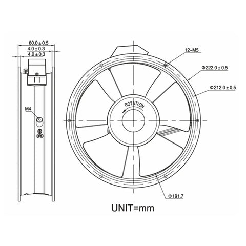 Beefy Heavy-Duty Industrial Cabinet Axial Cooling Fan 220 x 220 x 60mm 18cm, 220V AC, 0.43A, 65W, High Flow Exhaust Ventilation Fan For Enclosures And Electronics Cabinets, technical drawing