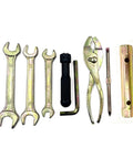 Compact Motorcycle Repair Tool Kit 8 Piece Portable Set with double ended wrenches, spark plug sockets, pliers, screwdriver.