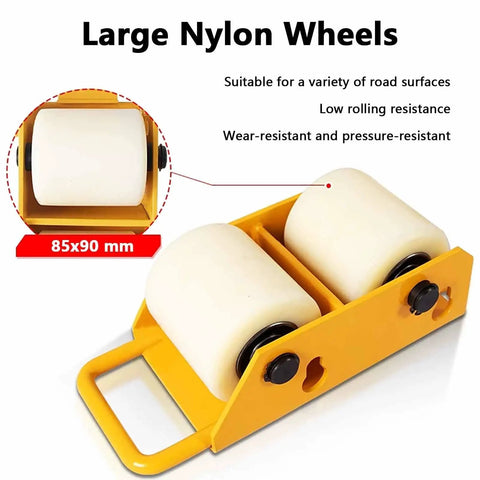 Close-up of large nylon wheels showing wear-resistant features for the Rock Solid Nylon Wheel Combo Machinery Skate Dolly.