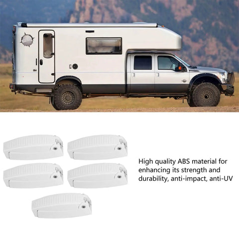 5 Pack Baggage Door Catch For RVs White ABS Door Holder For Cargo Compartments And Doors Spring Loaded Hinge displayed with a camper