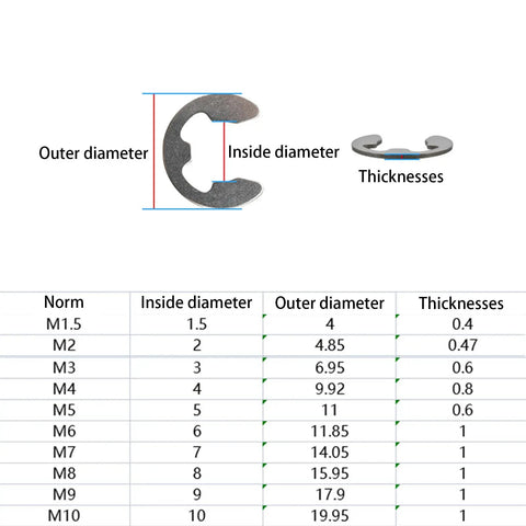 Chart showing dimensions and thicknesses of 100 Pcs Stainless Steel E Clip Circlip Assorted Set For Internal And External Snap Rings M10 10mm