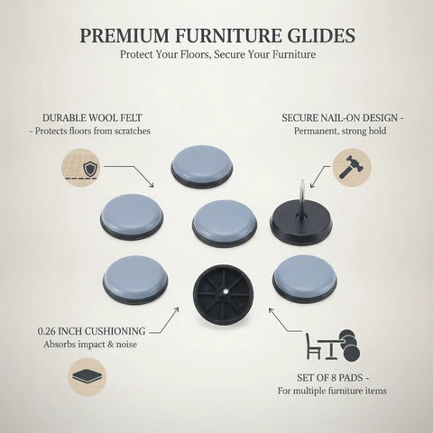 Nail On Wool Felt Furniture Glides For Chairs And Tables 0.75 X 0.26 Inch Black Floor Protectors set of 8 with nail-on design