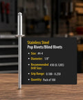 Rock Solid 304 Stainless Steel Blind Rivets 100 Count 1/8 Inch Diameter 1/4 Inch Grip No Fuss Corrosion Resistant Hardware Fasteners on wood surface.