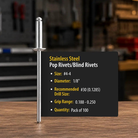 Rock Solid 304 Stainless Steel Blind Rivets 100 Count 1/8 Inch Diameter 1/4 Inch Grip No Fuss Corrosion Resistant Hardware Fasteners on wood surface.