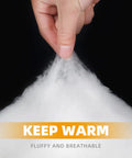 Roomy 32F Sleeping Bag material being demonstrated for fluffiness and warmth, suitable for adults, kids, and teens all season camping gear.