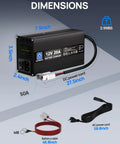 12V 20A LiFePO4 Battery Charger With Anderson Connector For Deep Cycle Batteries Automatic Smart Charging And Maintenance 14.6V Output Ideal For Boats And RVs with dimensions and cables shown