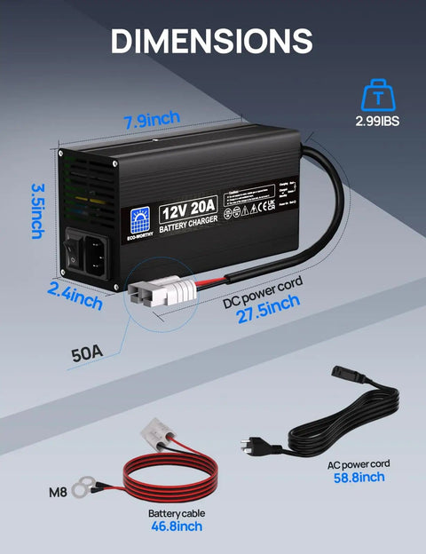 12V 20A LiFePO4 Battery Charger With Anderson Connector For Deep Cycle Batteries Automatic Smart Charging And Maintenance 14.6V Output Ideal For Boats And RVs with dimensions and cables shown