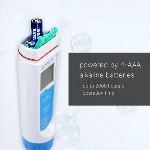 AI316 Premium 5 In 1 Pocket Tester Kit For PH EC TDS Salinity And Temperature With Waterproof Build Replaceable Multi Parameter Probe And Big Backlit LCD For Fast Accurate Readings. 4-AAA battery compartment