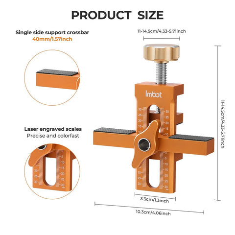 Pro Grade Aluminum Cabinet Door Alignment Jig For Frameless And Face Frame Install showing dimensions and precise laser engraving.
