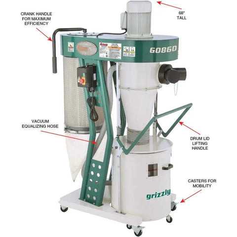 Gamechanger 1 2 Hp Portable Cyclone Dust Collector Built Tough For Demanding Garages And Hobby Shops To Knock Out Fine Sawdust And Keep Your Workshop Totally Dust Free, shown at 68 inches tall with vacuum equalizing hose.